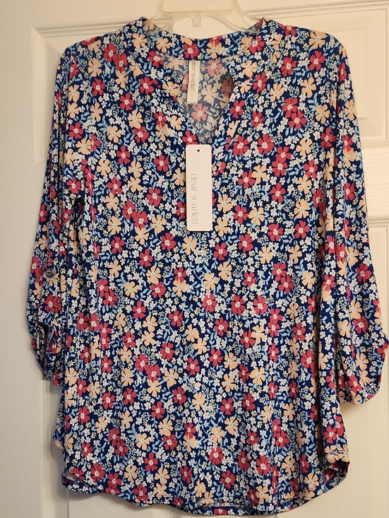 Dear Scarlett Tops - Scarlett Blue Floral V-Neck Blouse with Pink, Cream, White